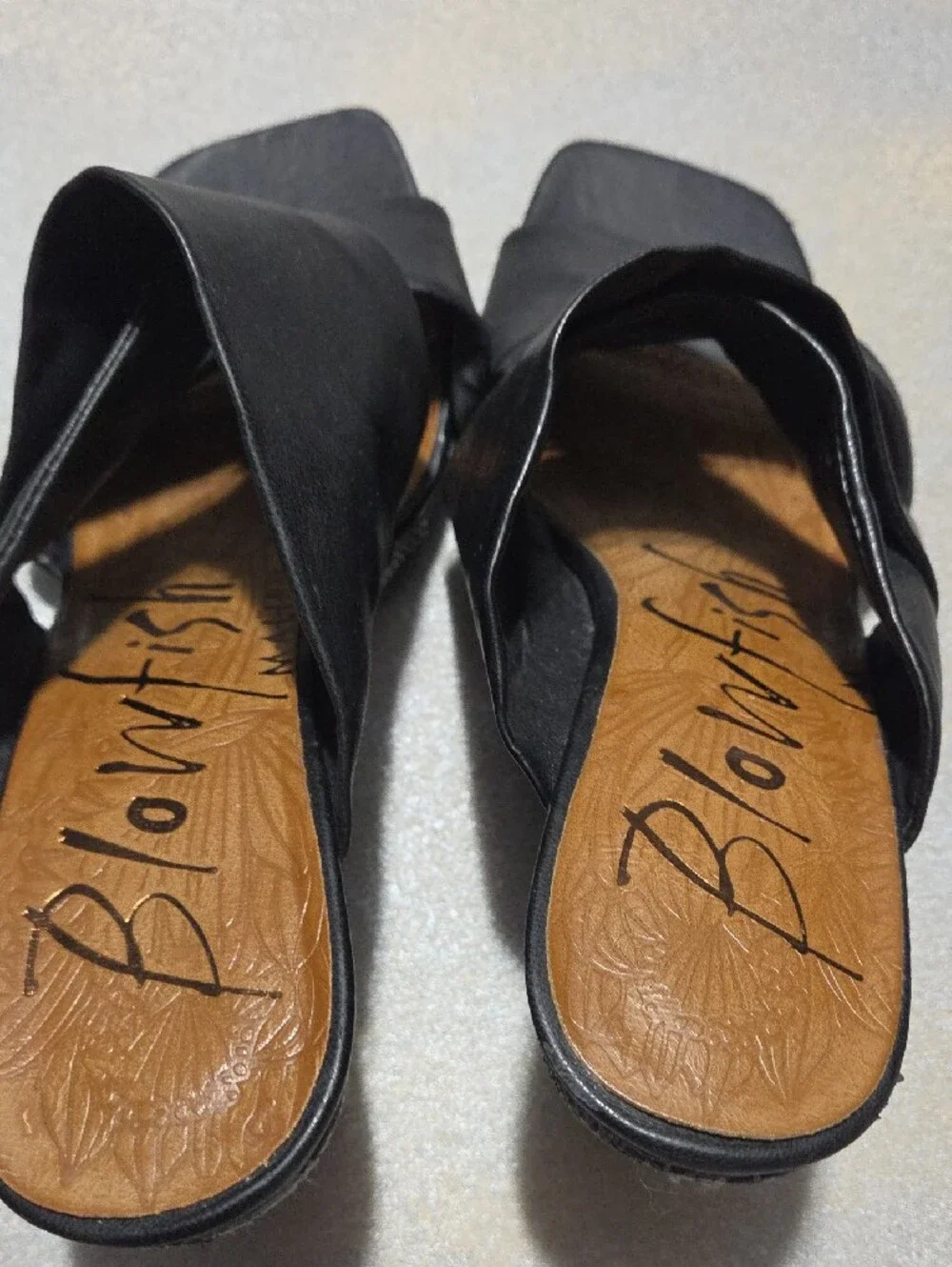 Blowfish Black Crossband Wedge Slides with Patterned Espadrille Heel